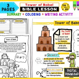May include: A colorful educational resource titled "Tower of Babel Bible Lesson." The image features a summary, coloring, and writing activity. The text includes "3 Pages," and "Digital Download." The illustrations depict the Tower of Babel and related biblical scenes.