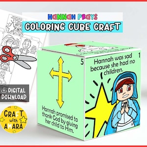 Può includere: Un cubo da colorare artigianale con il testo "Hannah Prays Coloring Cube Craft". Il cubo presenta illustrazioni e testo su Hannah, una figura religiosa. Il cubo ha una croce gialla e una stella.