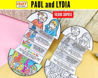 May include: Two paper folding surprise crafts featuring the story of Paul and Lydia. One is coloured with pink, blue, and orange, while the other is black and white. Both show illustrations and text detailing the biblical account from Acts 16:14-15.