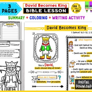 May include: A colorful Bible lesson plan titled "David Becomes King" with summary, coloring, and writing activities. The image includes illustrations of King David, text, and the words "Digital Download."