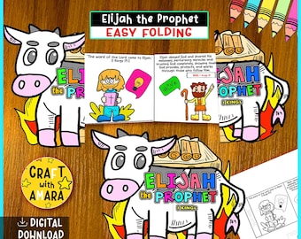 May include: A digital download craft featuring a cartoon cow with the text "Elijah the Prophet" and "Easy Folding." The design includes illustrations of Bible stories and the text "Craft with Amara."