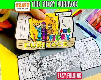 Puede incluir: Una actividad de manualidades en papel titulada The Fiery Furnace con un diseño plegable, una ilustración a color de tres figuras entre llamas y una versión en blanco y negro. El texto incluye The Fiery Furnace y Easy Folding.