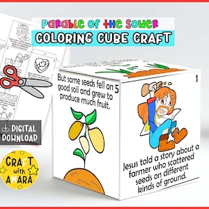 Puede incluir: Un cubo artesanal blanco con ilustraciones y texto sobre la parábola del sembrador. El cubo presenta dibujos coloridos de semillas, un granjero y texto. Las palabras "COLORING CUBE CRAFT" se muestran en la parte superior.