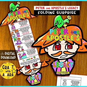 May include: Colorful paper craft featuring the text "PETER the APOSTLE'S LEGACY FOLDING SURPRISE". The design includes cartoon illustrations and the words "DIGITAL DOWNLOAD" and "CRAFT with AMARA".