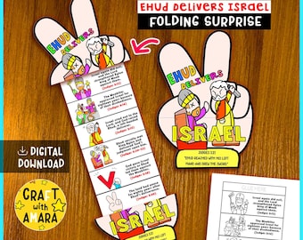 Ehud Delivers Israel Folding Surprise Craft: Bible Study Lesson Sunday School, Church Activity Kids, Mini Book, Old Testament, Christian
