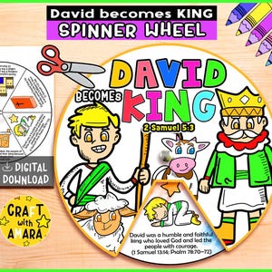 David Becomes King Spinner Coloring Wheel, Bible Activity, Kids Bible Lesson Study, Sunday School Craft, Bible Story, Memory Games