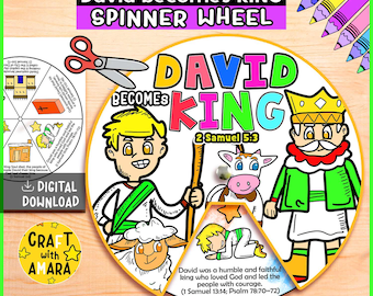 May include: A colorful, illustrated spinner wheel with the text "David becomes KING." The wheel features cartoon images of David, a cow, a sheep, and a king. Includes text from 2 Samuel 5:3 and a digital download label.