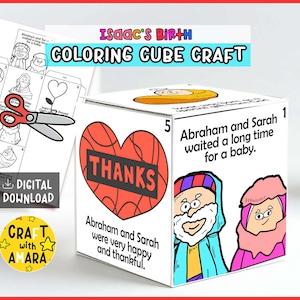 May include: A white cube craft with the text "Isaac's Birth Coloring Cube Craft." The cube features illustrations of biblical figures and a large red heart with the word "THANKS." Includes a "DIGITAL DOWNLOAD" label.