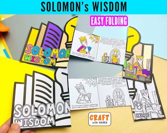 May include: A paper craft activity titled Solomon's Wisdom featuring black and white line art and colored illustrations of King Solomon. The set includes foldable booklets with text about 1 Kings, lightbulb graphics, and book icons for coloring.