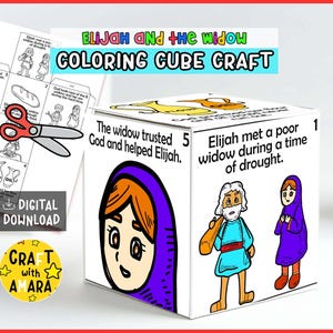 Può includere: Un cubo da colorare bianco con illustrazioni e testo su Elia e la vedova. Il cubo presenta disegni di persone e testo come "Elia incontrò una povera vedova durante un periodo di siccità". Sono visibili anche un paio di forbici e una pagina da colorare.