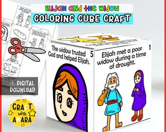 May include: A white cube craft with illustrations and text about Elijah and the widow. The cube features drawings of people and text such as "Elijah met a poor widow during a time of drought." A pair of scissors and a coloring page are also visible.