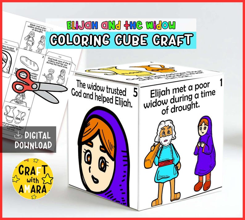 Elijah and the Widow Coloring Cube Craft, Memory Games, Bible Craft for