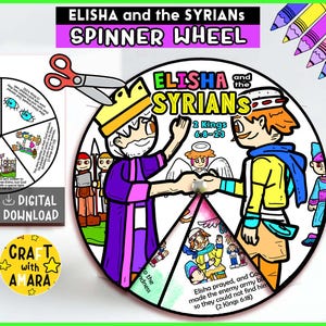 以下が含まれることがあります： 「ELISHA and the SYRIANS SPINNER WHEEL」のテキストが入ったカラフルなスピナーホイール。ホイールには、聖書の登場人物の漫画イラストと、2 Kings 6:8-23からのテキストが描かれています。「DIGITAL DOWNLOAD」ラベルと「CRAFT with AMARA」ロゴが含まれています。