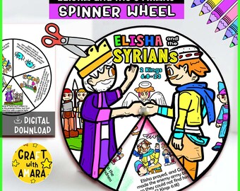 May include: A vibrant spinner wheel with the title "ELISHA and the SYRIANS SPINNER WHEEL". The design includes cartoon illustrations of biblical scenes and text from 2 Kings 6:8-23. Features a "DIGITAL DOWNLOAD" label and a "CRAFT with AMARA" logo.