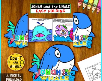 May include: A colorful, easy-folding craft featuring the story of Jonah and the Whale. The design includes blue whale shapes, illustrations of Jonah, and text from the Bible. The words "Jonah and the Whale" are prominently displayed.