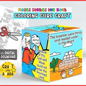 Könnte beinhalten: Ein farbenfroher Würfelbastel mit dem Text "Moses Strikes the Rock Coloring Cube Craft". Der Würfel zeigt Illustrationen von Moses, eine Wüstenlandschaft und Text über die Notwendigkeit von Wasser für die Israeliten. Enthält einen digitalen Download.