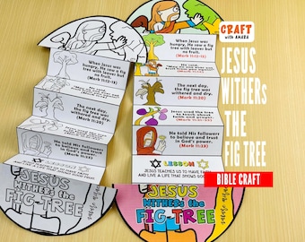 May include: A colorful Bible craft titled "Jesus Withers the Fig Tree." The craft features illustrations and text from Mark 11:12-23, with the words "Craft with Amara" and "Bible Craft" also visible.