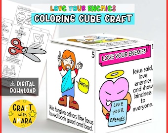 Cubo para colorear "Ama a tus enemigos": Manualidad bíblica: Guía de estudio de lecciones bíblicas, Escuela dominical, Actividad de la iglesia para niños, Versículo bíblico sobre la fe en Jesús, Mateo