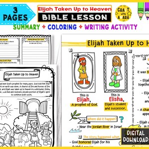 May include: A Bible lesson titled "Elijah Taken Up to Heaven" with summary, coloring, and writing activities. The pages feature illustrations of Elijah and Elisha, along with text describing the story and key events.