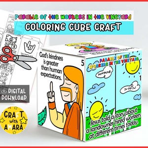 以下が含まれることがあります： 「Parable of the Workers in the Vineyard」と「Coloring Cube Craft」の文字が入った白い塗り絵キューブクラフト。キューブにはイラストとテキストがあり、「God's kindness is greater than human expectations.」が含まれています。