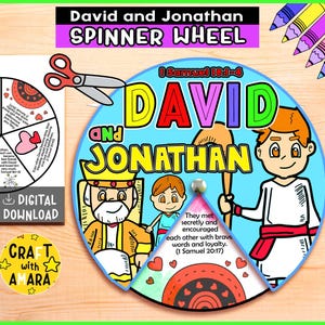 David and Jonathan Spinner Coloring Wheel, Bible Activity, Kids Bible Lesson Study, Sunday School Craft, Bible Story, Memory Games