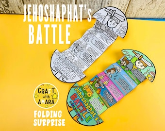 以下が含まれることがあります： 「Jehoshaphat's Battle」のテキストと剣を持った人々のイラストが描かれた、2つのカラフルな折り紙工作。1つは着色され、もう1つは白黒です。工作は黄色の背景にあります。