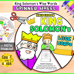 May include: A colorful, illustrated spinner wheel with the text "King Solomon's Wise Words" and "Bible Lesson". The design includes images of King Solomon, a scroll, and other related graphics. Scissors and colored pencils are also visible.