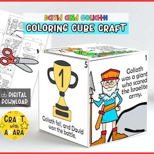 May include: A white cube craft with illustrations and text about David and Goliath. The cube features a trophy, a depiction of Goliath, and the text "Goliath fell, and David won the battle." Also included are coloring pages and the text "DIGITAL DOWNLOAD."