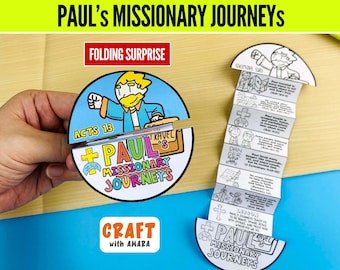 May include: A circular paper craft titled Paul's Missionary Journeys featuring a colorful illustration of a man and a folding accordion-style insert with black and white line drawings and text detailing biblical events from Acts 13.