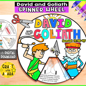 David and Goliath Spinner Coloring Wheel, Bible Activity, Kids Bible Lesson Study, Sunday School Craft, Bible Story, Memory Games