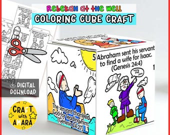 Manualidad de cubos para colorear de Rebeca en el pozo: juegos de memoria, lección de estudio bíblico para niños, actividad para la escuela dominical, Antiguo Testamento, fe cristiana.
