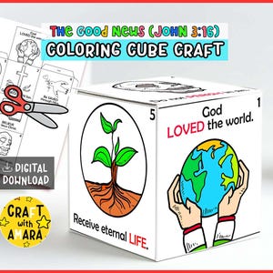 The Good News John 3:16 Coloring Cube Craft, Memory Games, Bible Craft for Kids, Bible Study Lesson, Sunday School Activity, New Testament