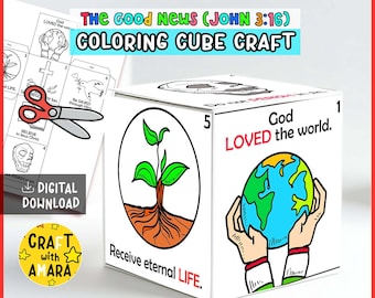 The Good News John 3:16 Coloring Cube Craft, Memory Games, Bible Craft for Kids, Bible Study Lesson, Sunday School Activity, New Testament