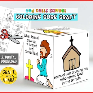 May include: A white cube craft with illustrations and text about Samuel. The cube features a church, a cross, and a boy praying. The text reads "God Calls Samuel Coloring Cube Craft" and "Digital Download."