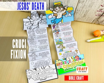 Peut inclure: Un projet d'artisanat biblique coloré intitulé "La Mort de Jésus, la Crucifixion". L'artisanat présente des panneaux illustrés avec du texte de Matthieu 27:32-56, représentant des scènes de la crucifixion. Le projet comprend les mots "Bible Craft".