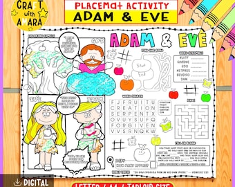 Può includere: Un colorato foglio di attività per tovagliette con Adamo ed Eva, con fumetti da colorare, ricerca di parole, gioco di parole e un labirinto. Include il testo "Craft with Amara" e "Digital Download".