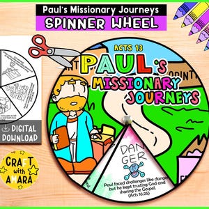 May include: A colorful educational craft featuring a spinner wheel with the text "Paul's Missionary Journeys." The wheel has a cartoon illustration of a man and a path, with the word "Danger" on one section. Includes a digital download option.
