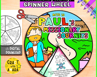 May include: A colorful educational craft featuring a spinner wheel with the text "Paul's Missionary Journeys." The wheel has a cartoon illustration of a man and a path, with the word "Danger" on one section. Includes a digital download option.