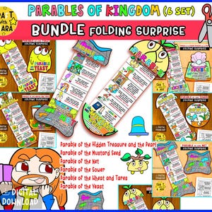 May include: A digital download bundle of six folding surprise crafts featuring biblical parables. The set includes illustrations and text for the Parable of the Hidden Treasure and the Pearl, Mustard Seed, Net, Sower, Wheat and Tares, and Yeast.