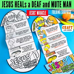 Może przedstawiać: Projekt papierowy zatytułowany JESUS HEALS A DEAF AND MUTE MAN, zawierający dwie wersje: czarno-białą do kolorowania oraz w pełni pokolorowaną. Papier złożony w harmonijkę prezentuje ilustracje oraz tekst z Ewangelii Marka 7:32-37.