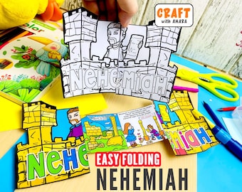 Puede incluir: Una actividad de manualidades en papel con un diseño plegable de Nehemías. El proyecto incluye dibujos de líneas en blanco y negro para colorear y una versión a todo color que representa un personaje, muros de piedra y el texto Nehemías.