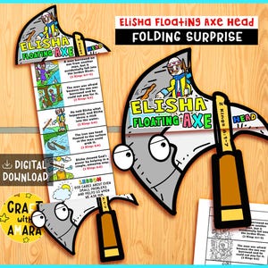 Puede incluir: Una descarga digital de un proyecto de manualidades con una cabeza de hacha de dibujos animados con el texto "ELISHA FLOATING AXE" y "FOLDING SURPRISE". La cabeza del hacha tiene una ilustración de dibujos animados de una historia bíblica.