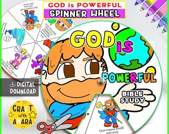 God is Powerful Spinner Coloring Wheel Craft: Christian Faith, Bible Lesson Study Guide Sunday School, Church Activity Kids, Memory Game