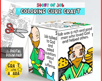 May include: A coloring cube craft with illustrations and text from the Story of Job. The cube features colorful drawings of Job and text describing the story. Includes a digital download option and a "Craft with Amara" logo.