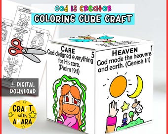 May include: A white coloring cube craft with the text "God is Creator Coloring Cube Craft." The cube features illustrations and text about heaven, care, and life. A pair of scissors and a "Digital Download" label are also visible.