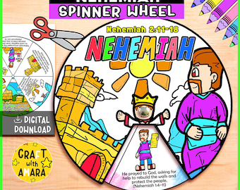 Nehemiah Spinner Coloring Wheel Craft: Bible Activity Story, Kids Bible Lesson Study, Sunday School, Memory Games, Christian, Old Testament