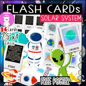36 Flash Cards en informatiebladen van het zonnestelsel, Flashcards Planet Outer Space, Homeschool Klas Afdrukbaar Montessori-materiaal leren