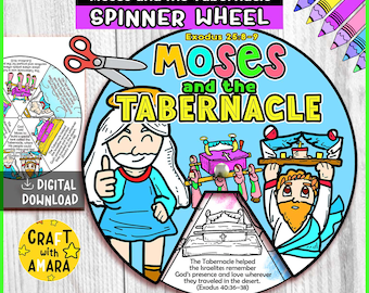 Pode incluir: Uma roda giratória colorida com o texto "Moisés e o Tabernáculo" e "Roda giratória". A imagem apresenta ilustrações de desenhos animados de Moisés, o Tabernáculo e cenas bíblicas relacionadas. Inclui o texto "Download digital" e "Craft with Amara."
