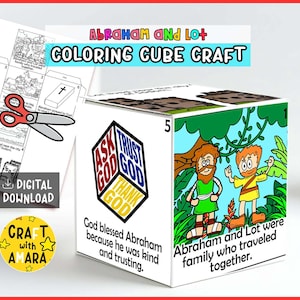 May include: A white cube craft with illustrations and text about Abraham and Lot. The cube features colourful drawings of biblical scenes and the words "Ask God, Trust God, Thank God." The text reads "Abraham and Lot were family who travelled together."