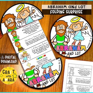 May include: A colourful, illustrated craft project titled "Abraham and Lot Folding Surprise." The design features cartoon figures, angels, and text from Genesis 13-19. The words "Digital Download" and "Craft with Amara" are also visible.